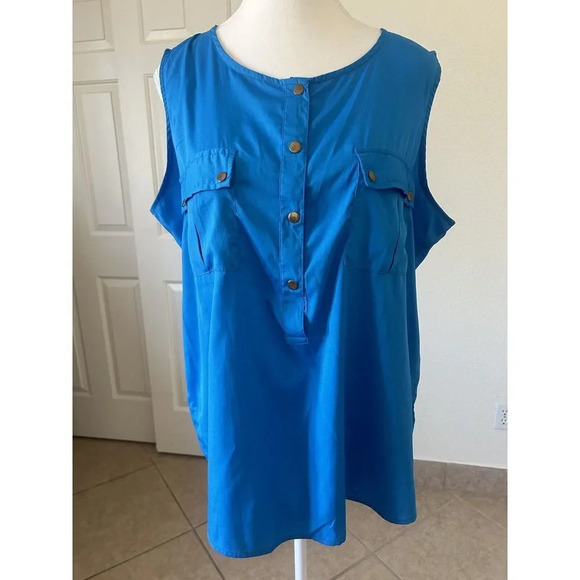 Jennifer and Grace Women's Sleeveless Button Blouse pockets  blue size 1X - Picture 2 of 12
